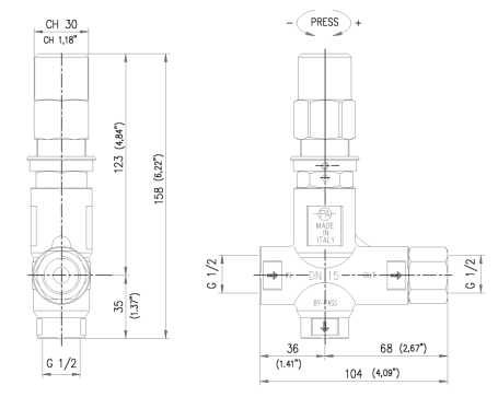 Регулятор давления PA VB53 (500бар, 80л/мин, 1/2&quot;г-1/2&quot;г, By-pass 1/2&quot;г, нерж)
